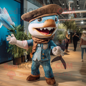 Brown Swordfish mascot costume character dressed with a Bootcut Jeans and Berets