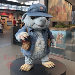 Silver Glyptodon mascot costume character dressed with a Denim Shorts and Caps