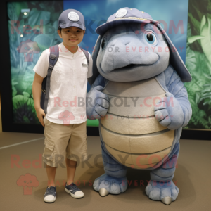 Silver Glyptodon mascot costume character dressed with a Denim Shorts and Caps