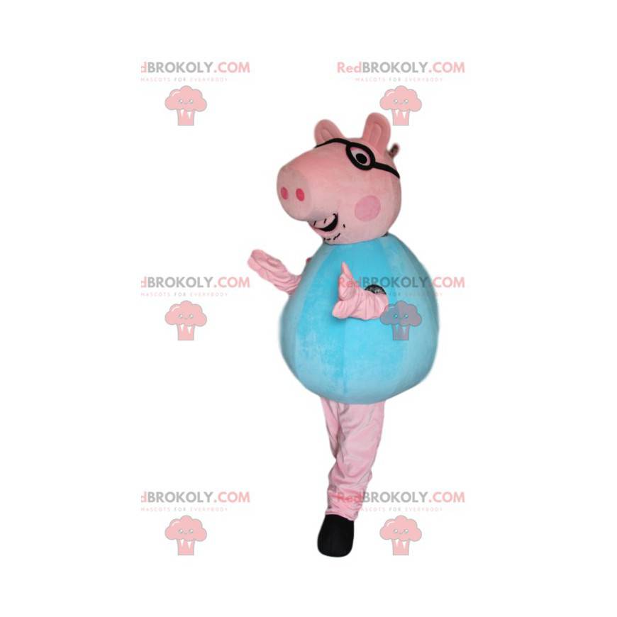 Rosa Schweinemaskottchen mit Brille und blauem Trikot -