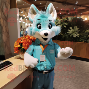 Turquoise Fox mascot costume character dressed with a Button-Up Shirt and Earrings