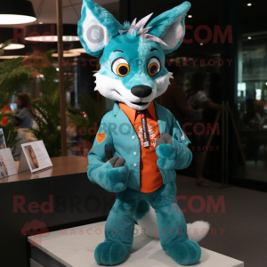 Turquoise Fox mascot costume character dressed with a Button-Up Shirt and Earrings