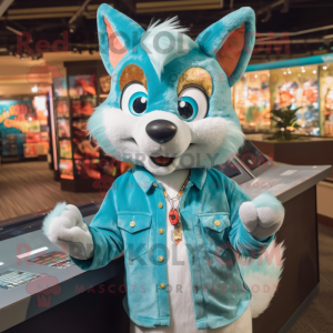 Turquoise Fox mascot costume character dressed with a Button-Up Shirt and Earrings