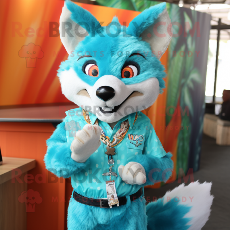 Turquoise Fox mascot costume character dressed with a Button-Up Shirt and Earrings