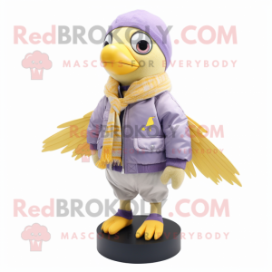 Lavender Canary mascot costume character dressed with a Bomber Jacket and Scarves