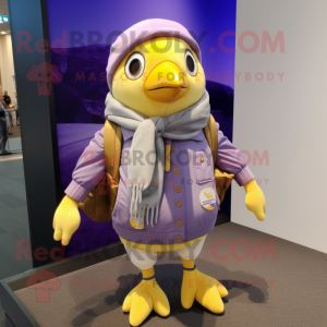 Lavender Canary mascot costume character dressed with a Bomber Jacket and Scarves