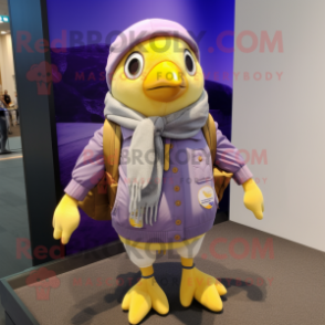 Lavender Canary mascot costume character dressed with a Bomber Jacket and Scarves