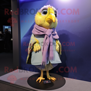 Lavender Canary mascot costume character dressed with a Bomber Jacket and Scarves
