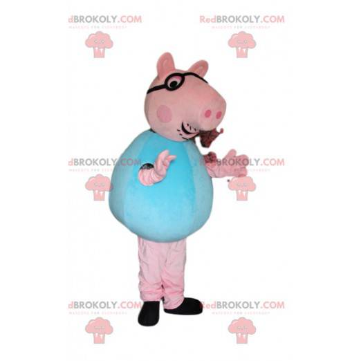 Mascotte maiale rosa con occhiali e una maglia blu -