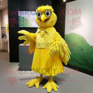 Lemon Yellow Eagle mascot costume character dressed with a Pleated Skirt and Hairpins