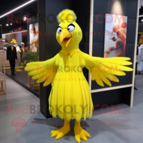 Lemon Yellow Eagle mascot costume character dressed with a Pleated Skirt and Hairpins