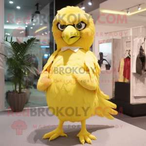 Lemon Yellow Eagle mascot costume character dressed with a Pleated Skirt and Hairpins