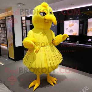 Lemon Yellow Eagle mascot costume character dressed with a Pleated Skirt and Hairpins