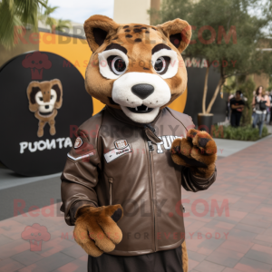 Brown Puma mascot costume character dressed with a Moto Jacket and Headbands