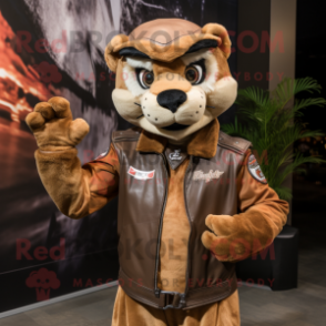 Brown Puma mascot costume character dressed with a Moto Jacket and Headbands