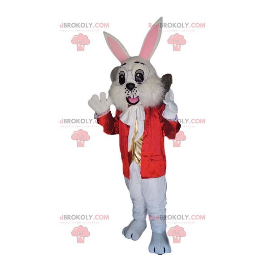 Mascote coelho branco com uma jaqueta vermelha e um colete