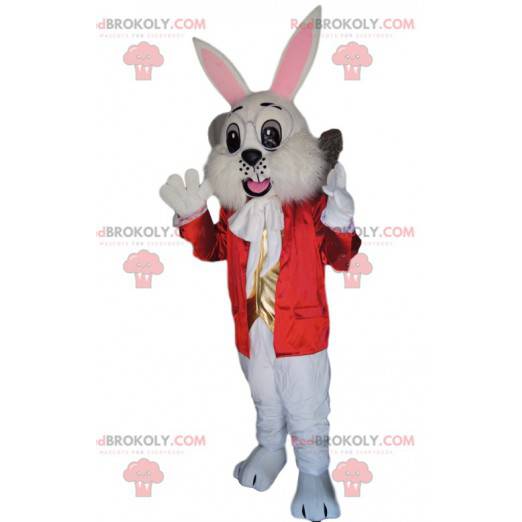 Hvid kaninmaskot med en rød jakke og en gylden vest -