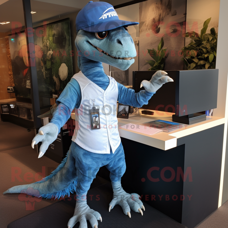 Sky Blue Deinonychus mascot costume character dressed with a Henley Tee and Hats