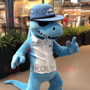 Sky Blue Deinonychus mascot costume character dressed with a Henley Tee and Hats