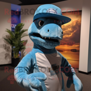Sky Blue Deinonychus mascot costume character dressed with a Henley Tee and Hats
