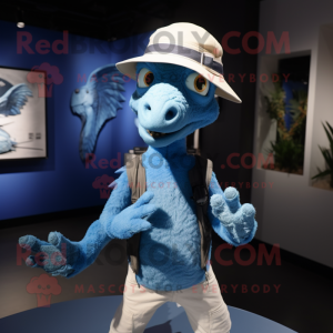 Sky Blue Deinonychus mascot costume character dressed with a Henley Tee and Hats