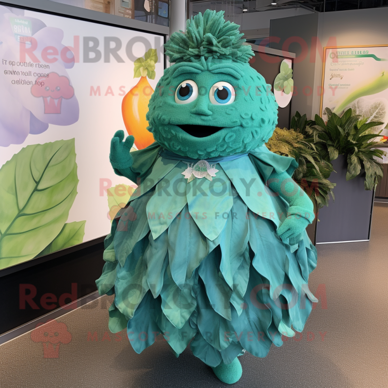 Teal Cabbage Leaf mascot costume character dressed with a Dress and Keychains Teal Cabbage Leaf mascot costume character dressed with a Dress and Keychains