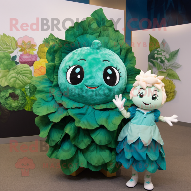 Teal Cabbage Leaf mascot costume character dressed with a Dress and Keychains Teal Cabbage Leaf mascot costume character dressed with a Dress and Keychains