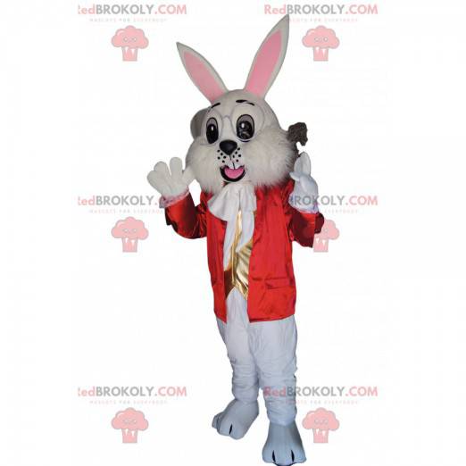 White rabbit mascot with a red jacket and a golden vest -