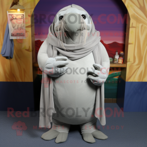 Gray Walrus mascot costume character dressed with a Long Sleeve Tee and Shawl pins