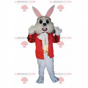 White rabbit mascot with a red jacket and a golden vest -