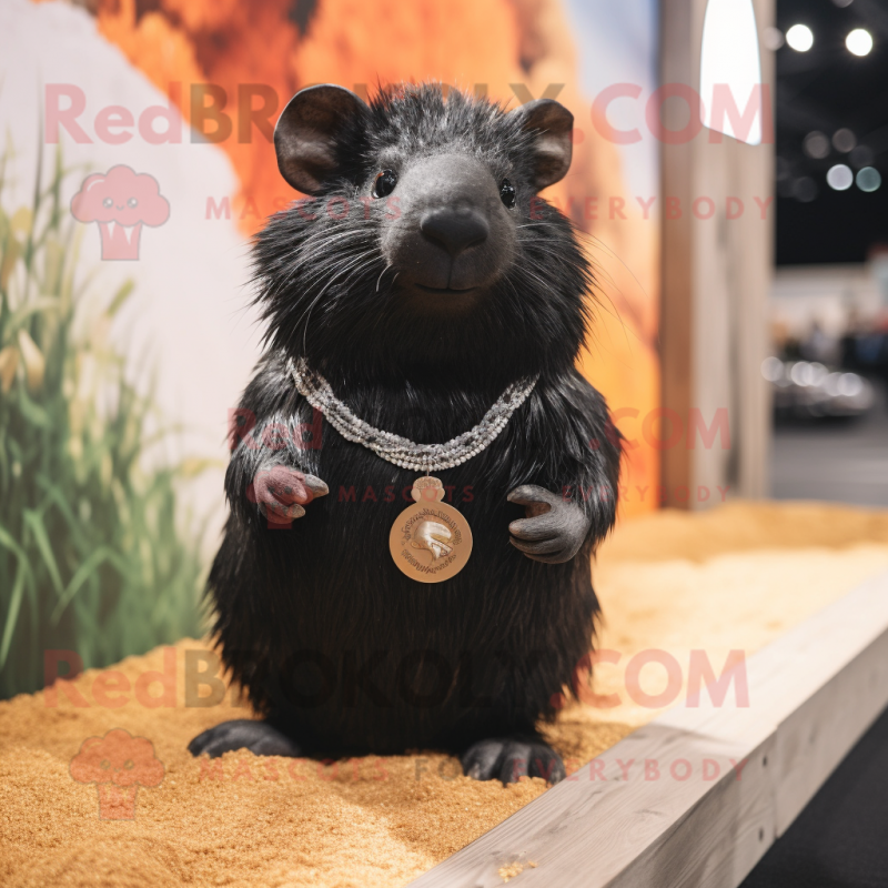 Black Guinea Pig mascot costume character dressed with a Mini Dress and Necklaces Black Guinea Pig mascot costume character dressed with a Mini Dress and Necklaces