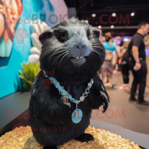 Black Guinea Pig mascot costume character dressed with a Mini Dress and Necklaces