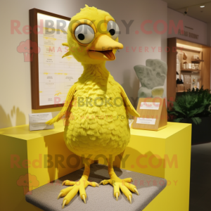 Lemon Yellow Archeopteryx mascot costume character dressed with a Henley Shirt and Clutch bags