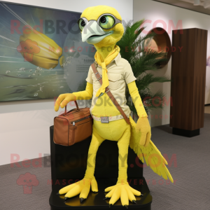 Lemon Yellow Archeopteryx mascot costume character dressed with a Henley Shirt and Clutch bags