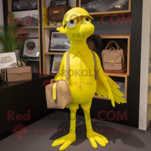 Lemon Yellow Archeopteryx mascot costume character dressed with a Henley Shirt and Clutch bags