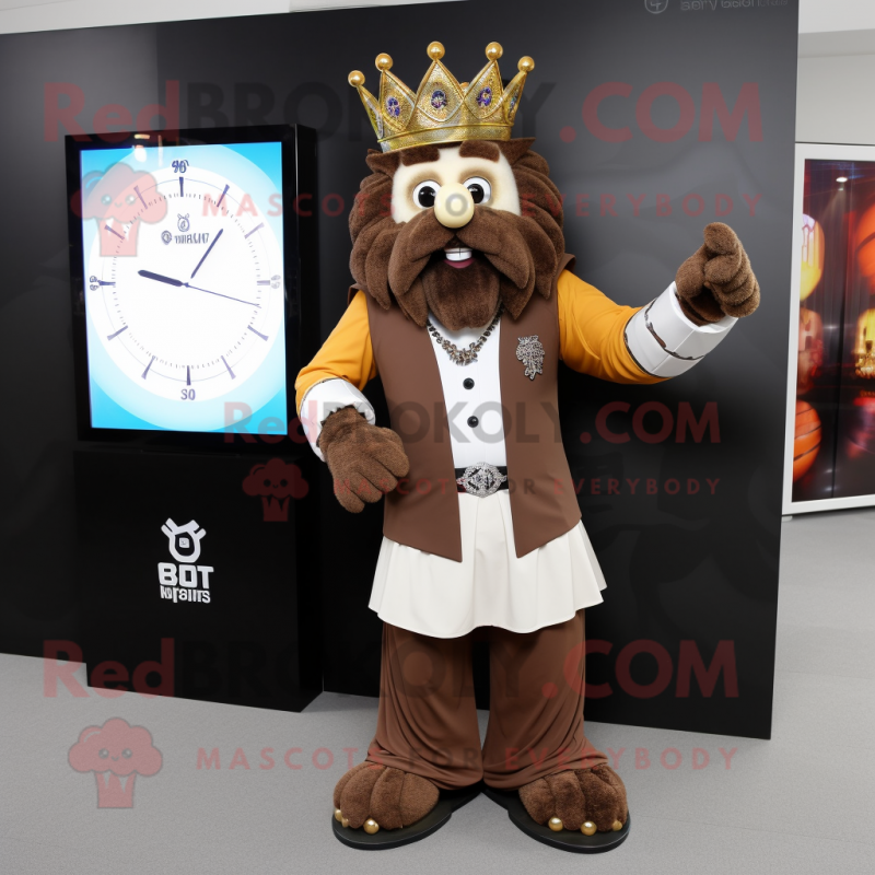 Brown King mascot costume character dressed with a Blazer and Digital watches