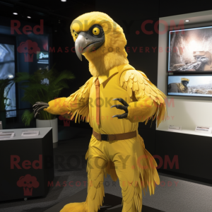 Yellow Vulture mascot costume character dressed with a Jumpsuit and Lapel pins