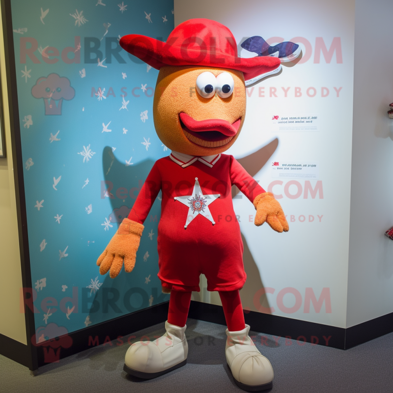 Red Starfish mascot costume character dressed with a Rugby Shirt and Hat pins