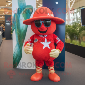 Red Starfish mascot costume character dressed with a Rugby Shirt and Hat pins