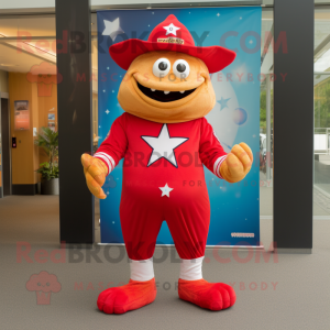 Red Starfish mascot costume character dressed with a Rugby Shirt and Hat pins