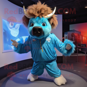 Sky Blue Bison mascot costume character dressed with a Windbreaker and Tie pins