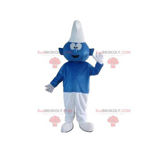 Mascote Schtroumph azul e branco muito entusiasmado -