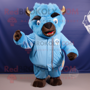 Sky Blue Bison mascot costume character dressed with a Windbreaker and Tie pins