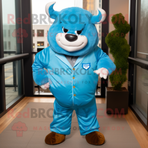 Sky Blue Bison mascot costume character dressed with a Windbreaker and Tie pins