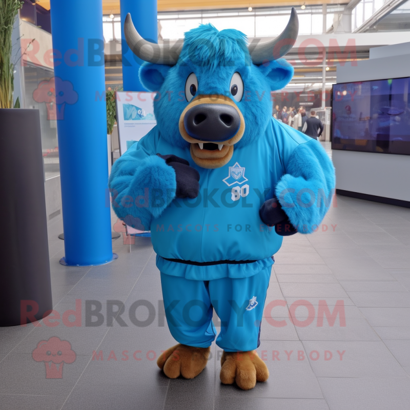 Sky Blue Bison mascot costume character dressed with a Windbreaker and Tie pins Sky Blue Bison mascot costume character dressed with a Windbreaker and Tie pins