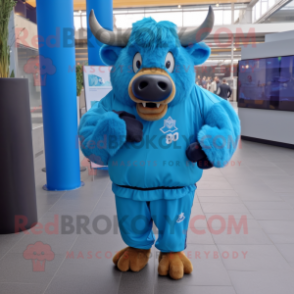 Sky Blue Bison mascot costume character dressed with a Windbreaker and Tie pins