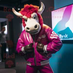 Magenta Zebu mascot costume character dressed with a Moto Jacket and Beanies