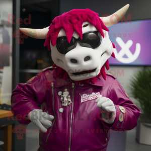 Magenta Zebu mascot costume character dressed with a Moto Jacket and Beanies