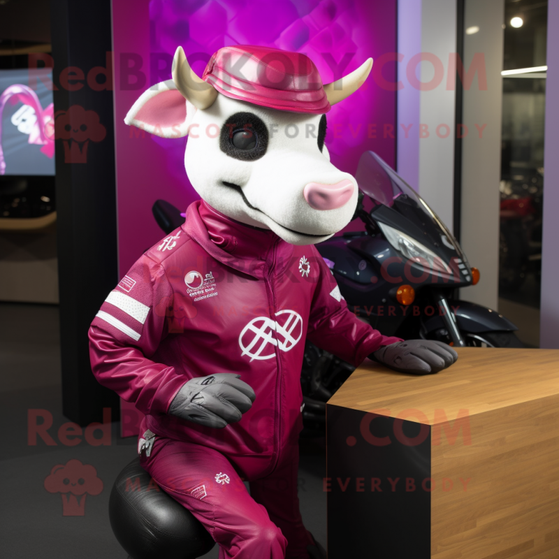 Magenta Zebu mascot costume character dressed with a Moto Jacket and Beanies