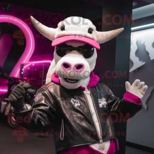 Magenta Zebu mascot costume character dressed with a Moto Jacket and Beanies